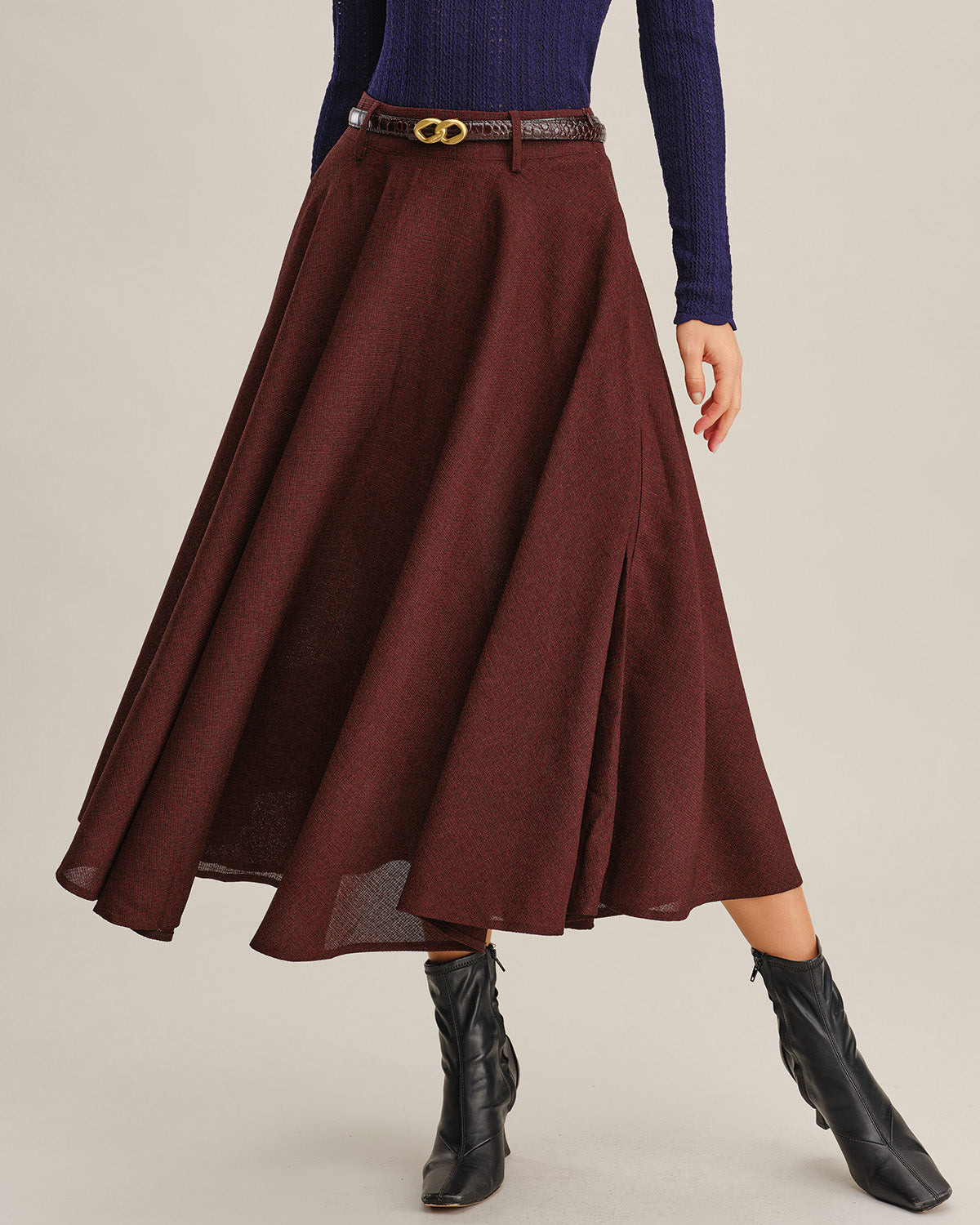 Wine Red A-Line Pocket Midi Skirt