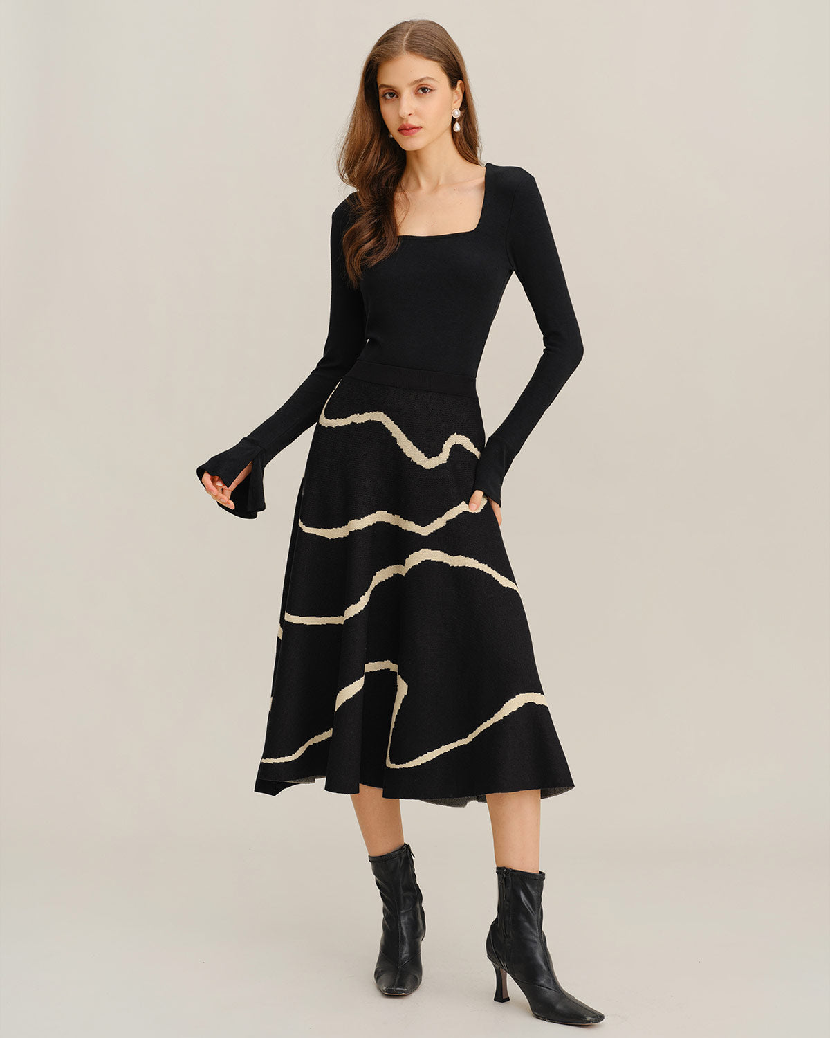 Black Geometric Elastic Waist Midi Skirt