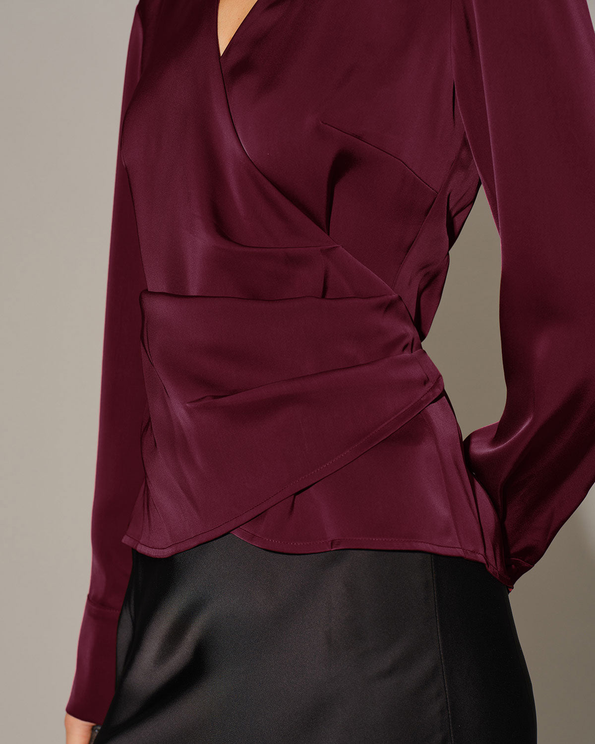 Wine Red Satin V Neck Tie Shirt
