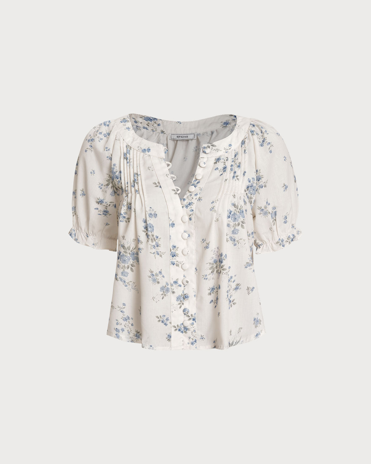 Blue Floral V Neck Button Blouse