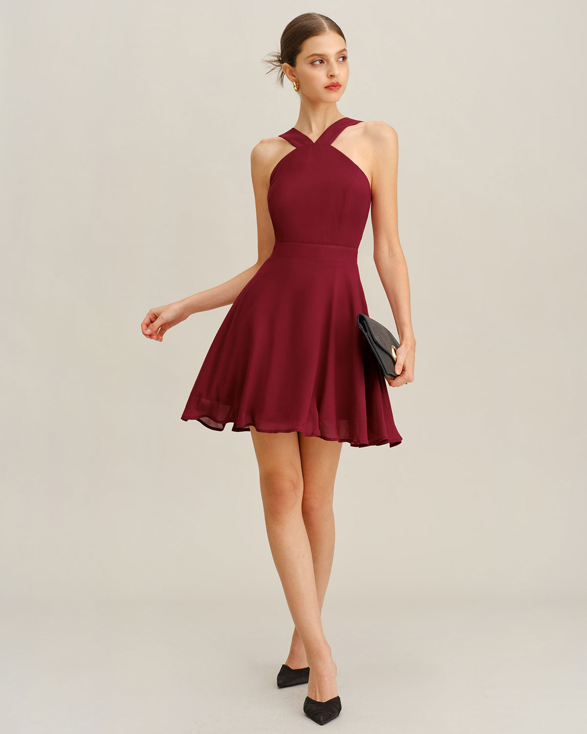 Wine Red Chiffon A-Line Sleeveless Mini Dress