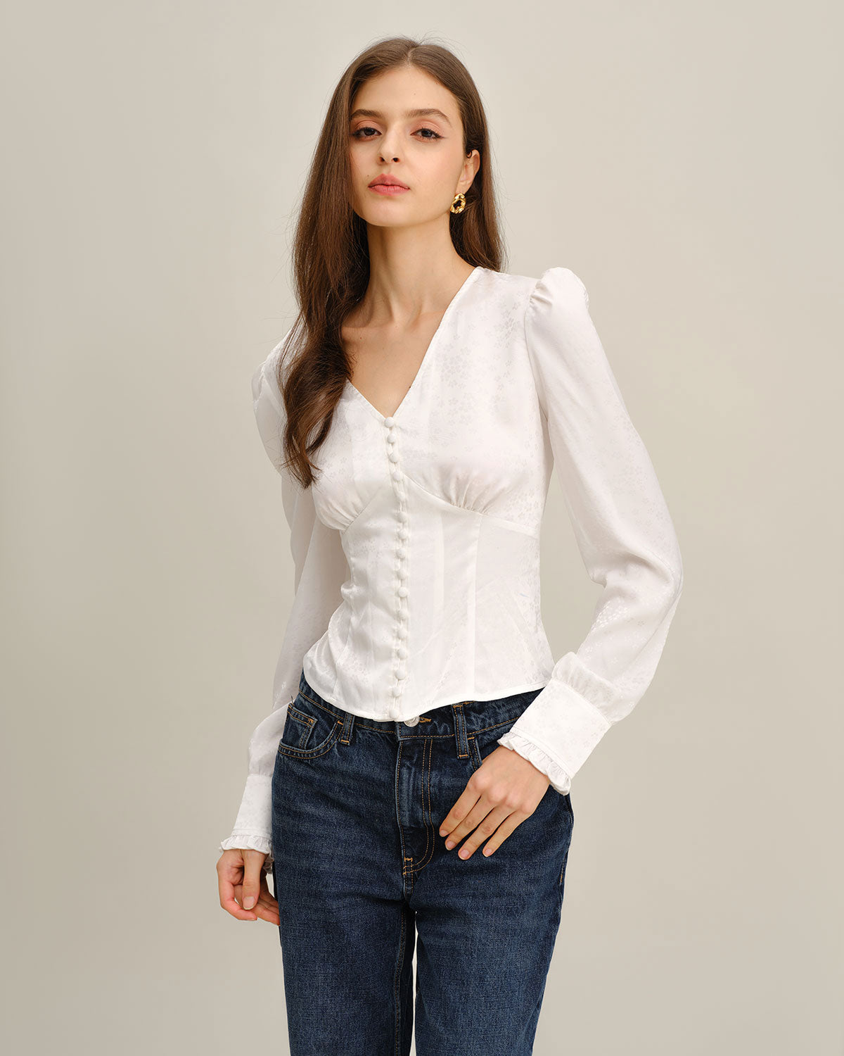 White Ruched V Neck Shirt