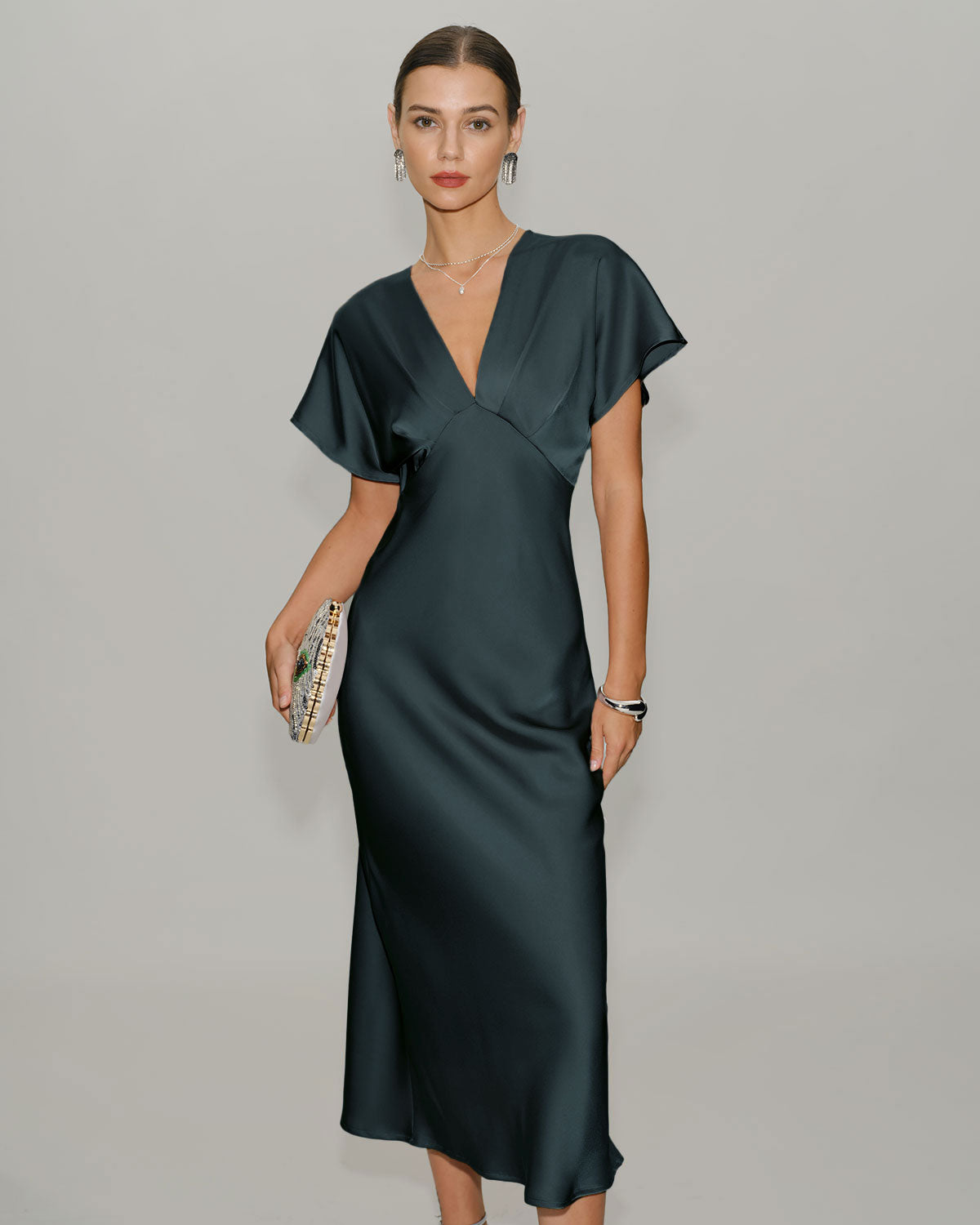 Grey Green Satin Cowl Sleeve Midi Dress