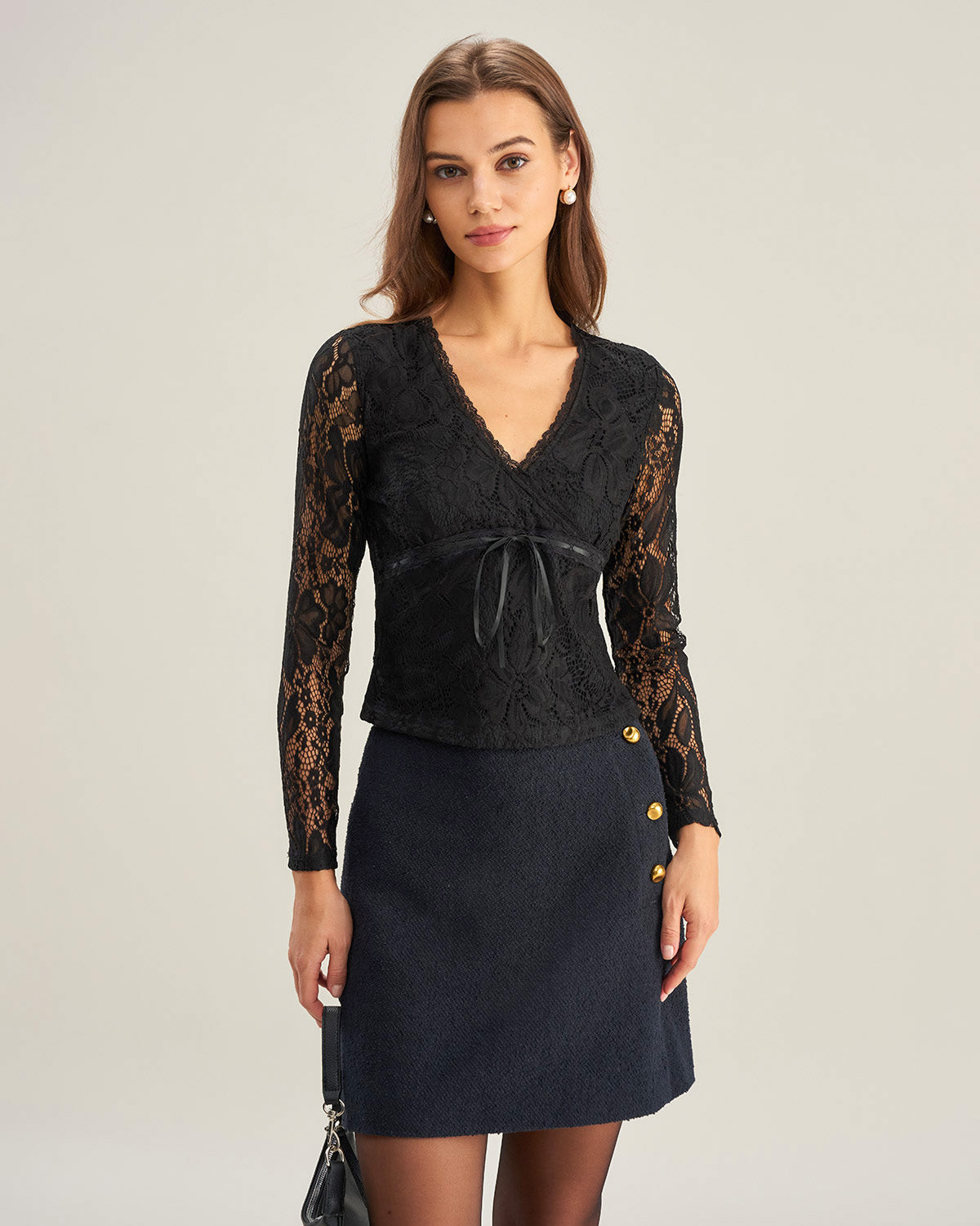 Black V Neck Slim Lace Tee