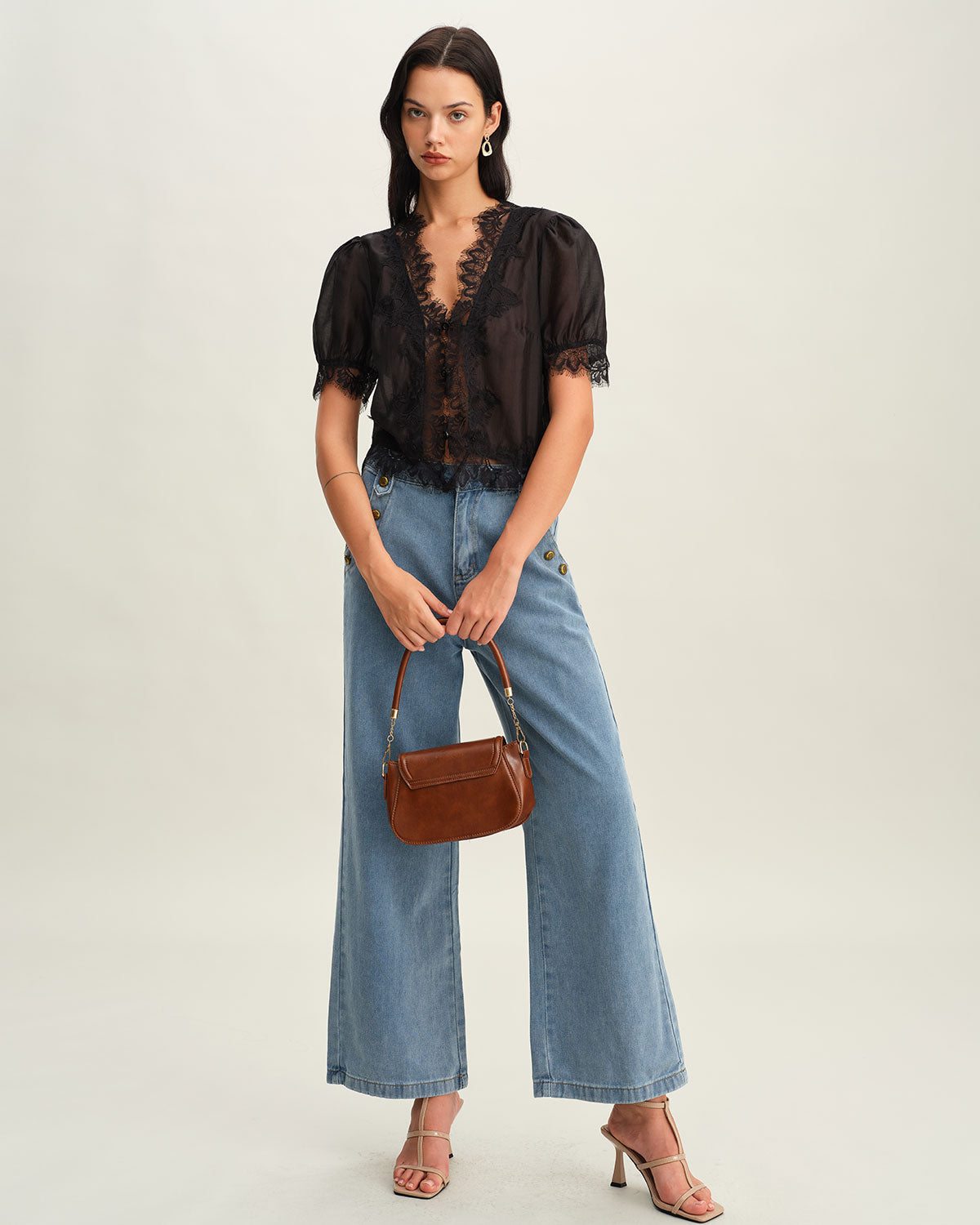 Black Puffed Sleeve Lace Blouse