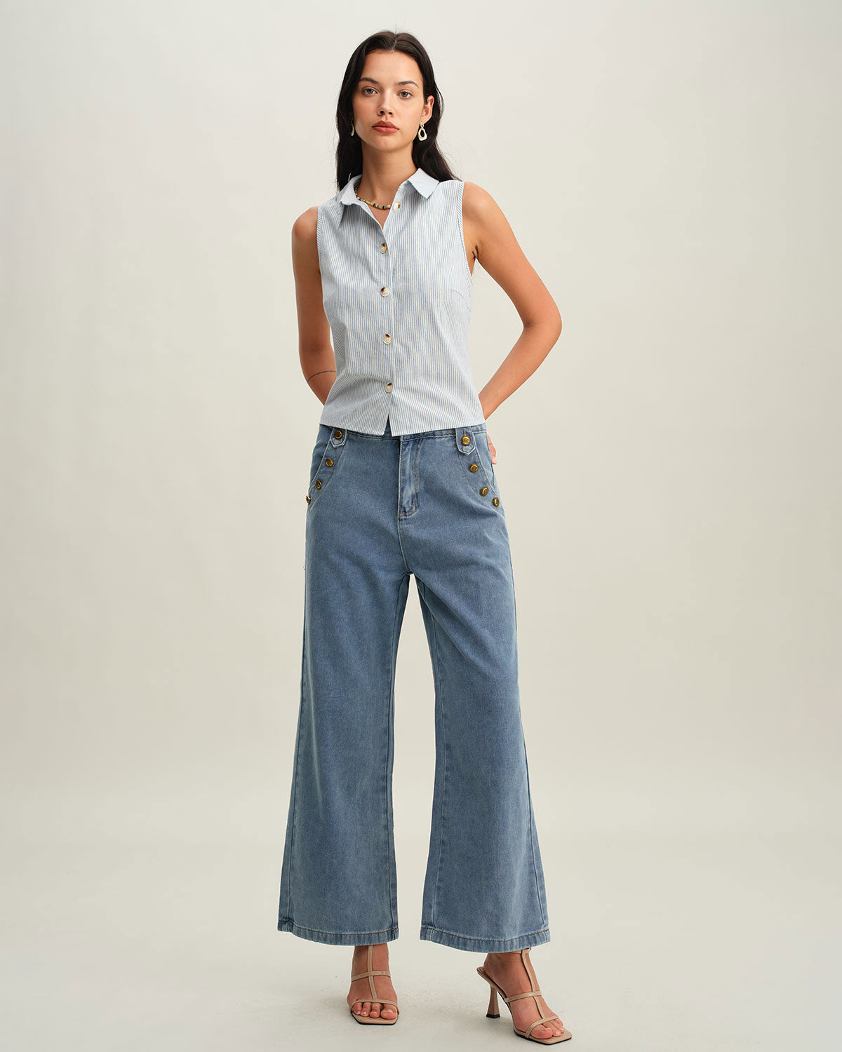 Blue Striped Button Sleeveless Blouse