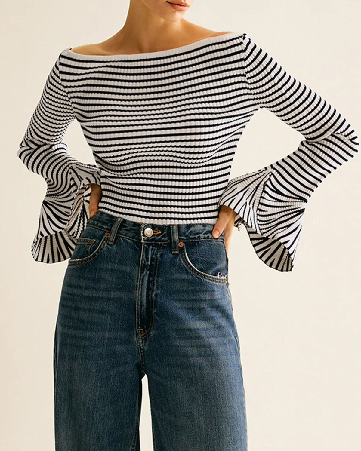 Black Striped Bell Sleeve Tee
