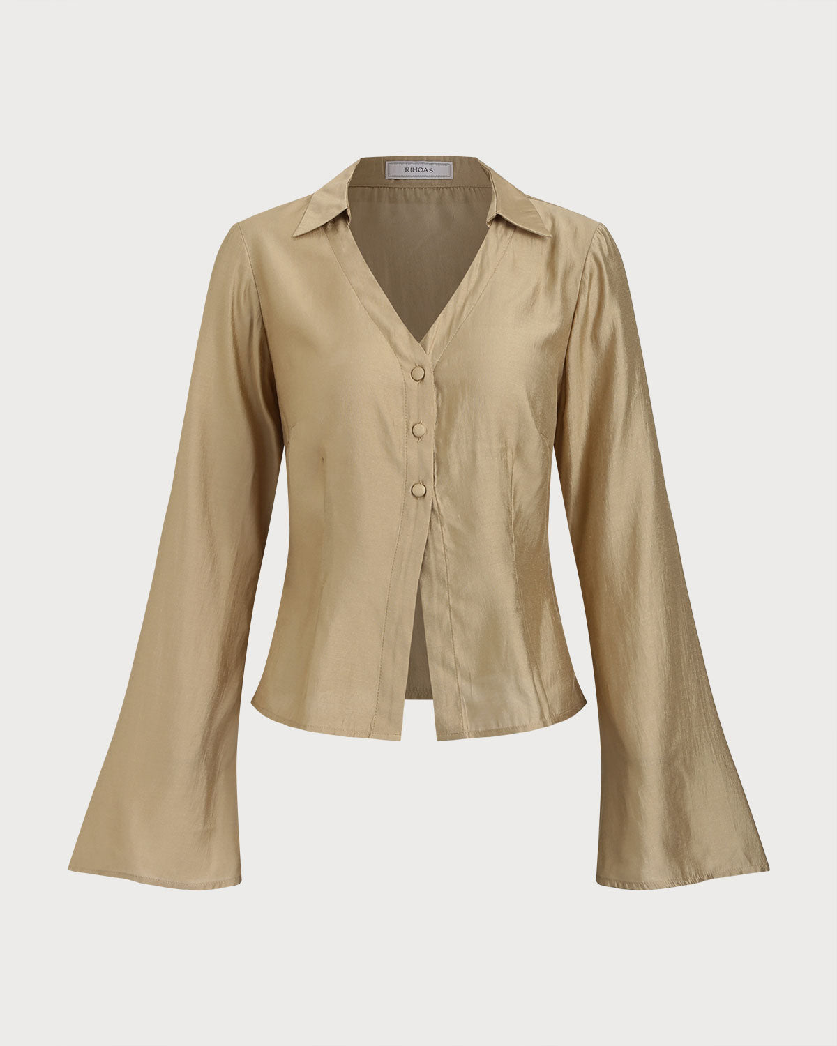 Khaki V Neck Bell Sleeve Shirt