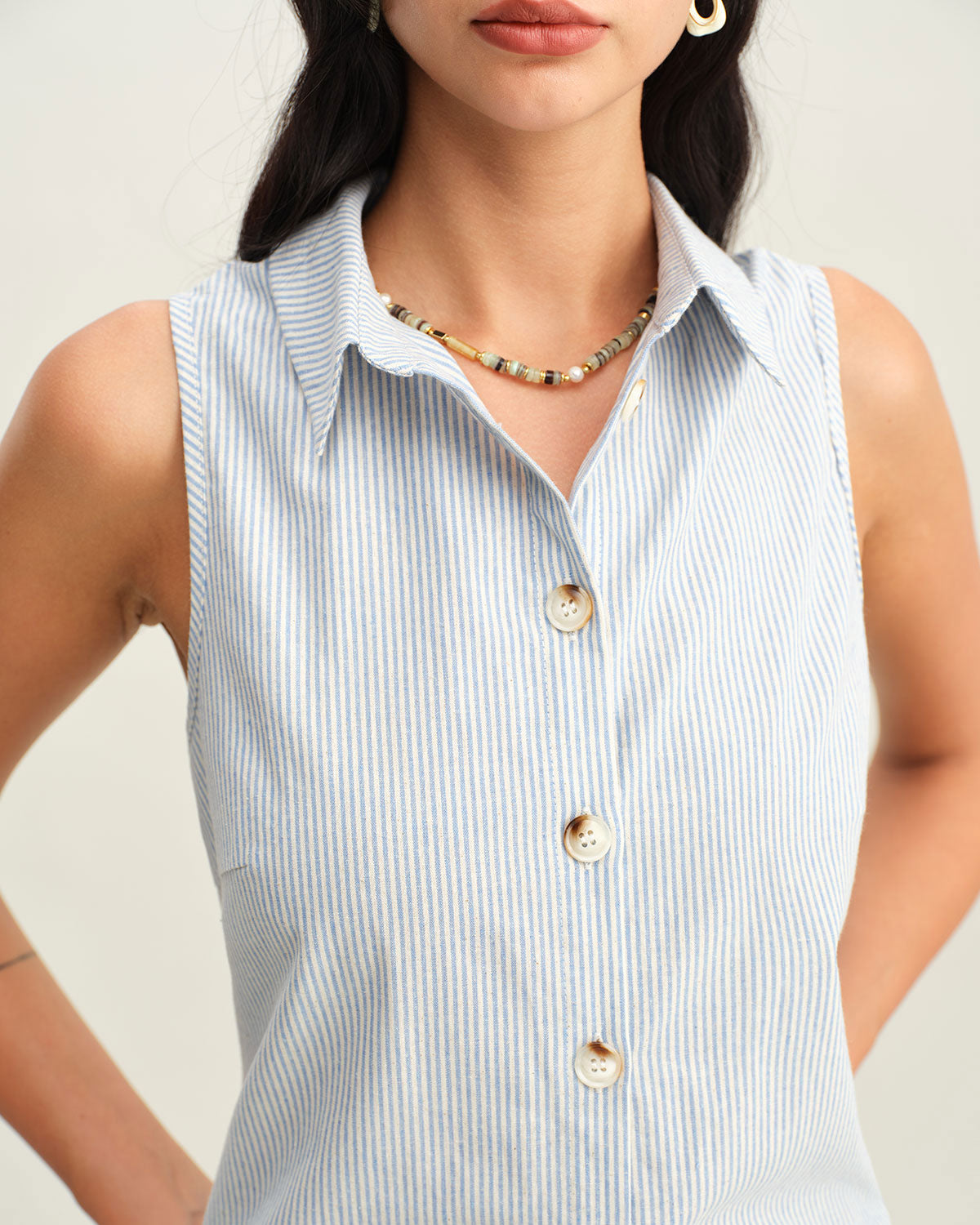Blue Striped Button Sleeveless Blouse