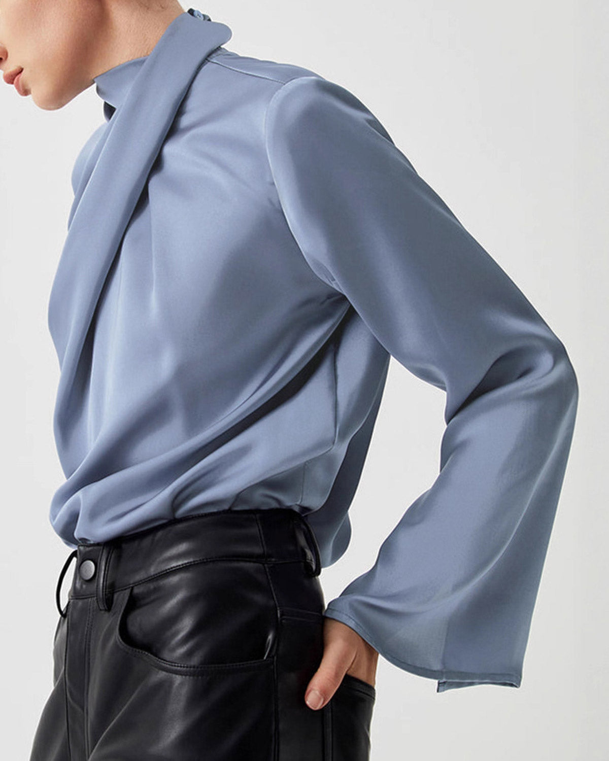 Blue Satin Pleated Blouse
